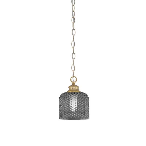 Unbranded Tyler 60-Watt 1-Light New Age Brass Chain Mini Pendant Light with Smoke Textured Glass Shade