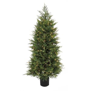 60 in Artificial Cypress Topiary in Black Plastic Nursery Pot with 300 Clear Lights