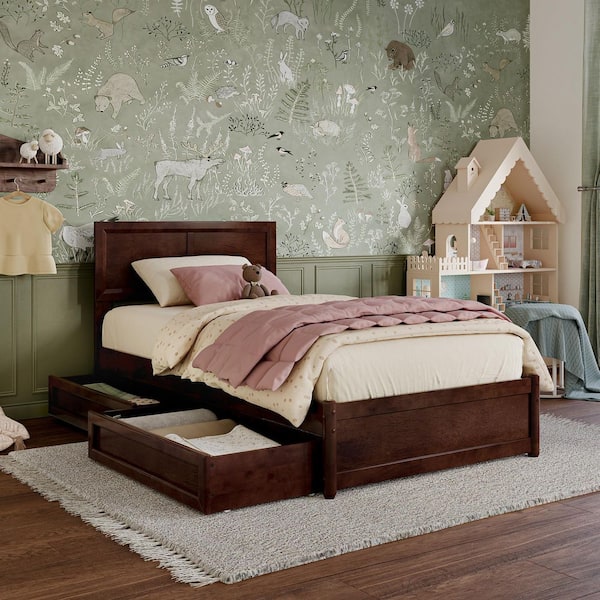 AFI Lylah Walnut Brown Solid Wood Frame Twin Platform Bed with Panel Footboard and Storage Drawers
