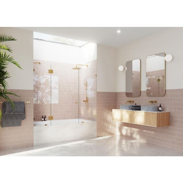 Glass Warehouse Stellar 70 in. W x 58.25 in. H Glass Hinged Frameless 3-Panel Inline Tub Door in Polished Brass with Clear Glass