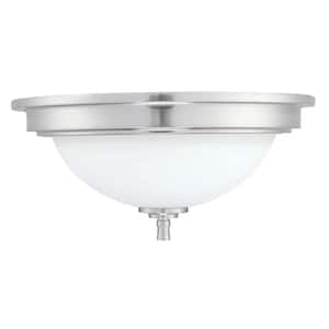 13 in. 2-Light Brushed Nickel Flush Mount with Frosted White Glass Shade