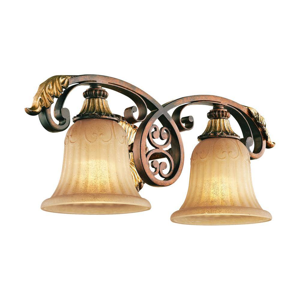 Verona Bronze & Aged Gold Leaf 2-Light Vanity with Rustic Art Glass