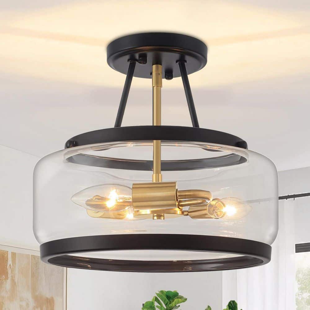 11.8 in. 3-Light Matte Black And Gold Modern Glass Drum Semi Flush Mount Ceiling Light Fixture For Dinning Room price history on PriceWatchPro