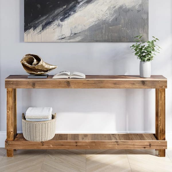 XRAMFY 60 in. Walnut Brown Rectangular Rustic Wood Console Table Hand-Made