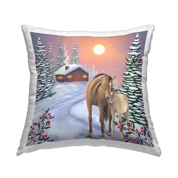 Stupell Industries Winter Cabin Horses Hugging Nature Multi-Color Print Polyester 18in. X 18in. Throw Pillow