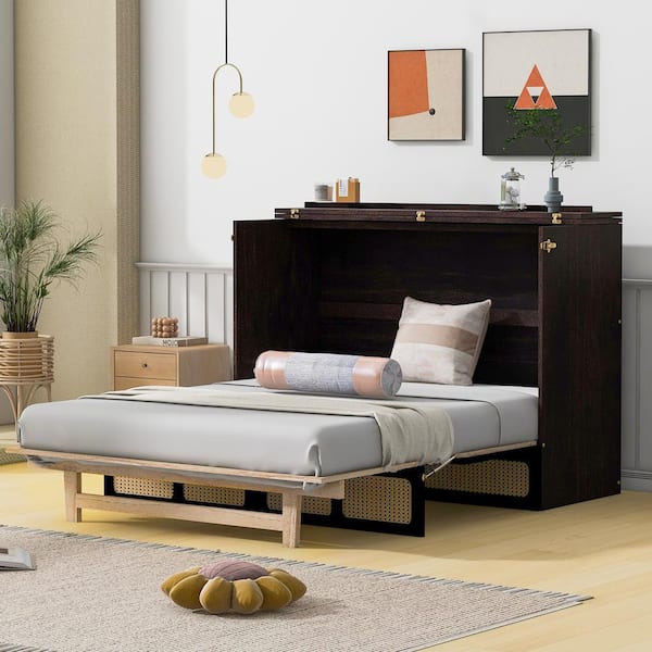 Harper & Bright Designs Espresso Brown Wood Frame Full Murphy Bed with USB Charging Station, Stylish Cabinet with Large Drawer, Rattan Accents