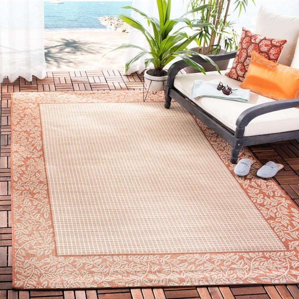 Courtyard Natural/Terra 9 ft. x 12 ft. Border Indoor/Outdoor Patio  Area Rug