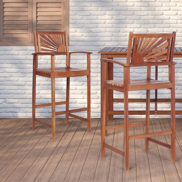 47 in. Low Back Brown Acacia Wood 29 in. Bar Stool with Wood Seat (Set of 2)