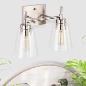 Briarwood 13 in. 2-Lights Brushed Nickel Vanity Light with Clear Glass Cone Shades