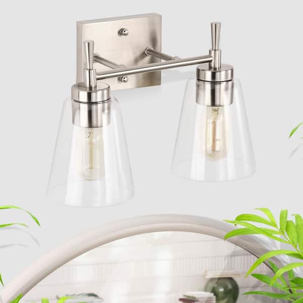 Edvivi Briarwood 13 in. 2-Lights Brushed Nickel Vanity Light with Clear Glass Cone Shades