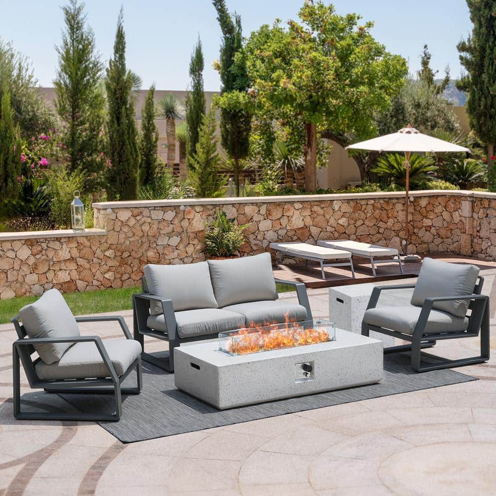 56 in. 3-Piece White Rectangle Concrete Outdoor Propane Gas Fire Pit Table,