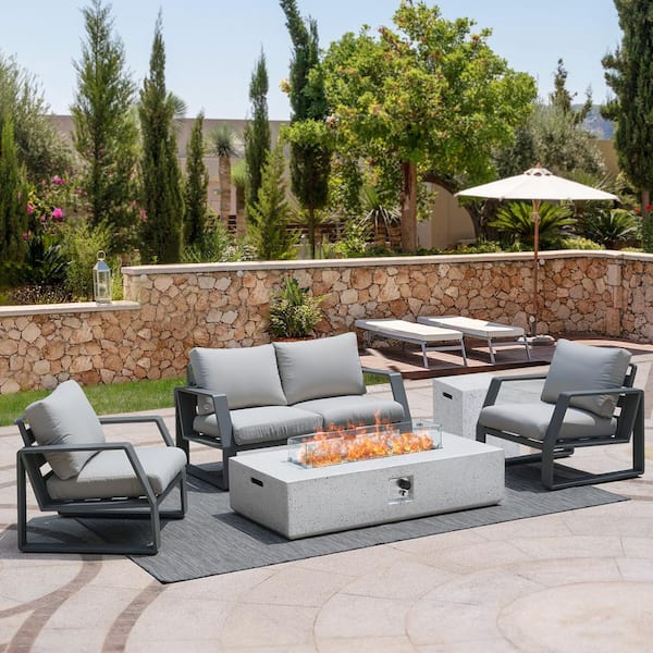 Unbranded 56 in. 3-Piece White Rectangle Concrete Outdoor Propane Gas Fire Pit Table, with Stainless Steel Burner and Wind Guard