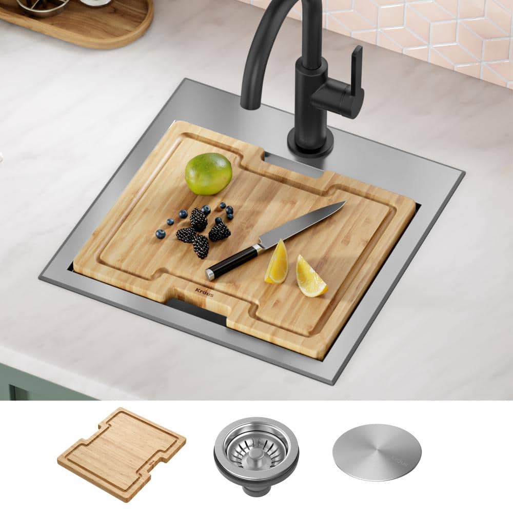 Kore 15" Stainless Steel Single Basin Bar Sink with Bamboo Cutting Board