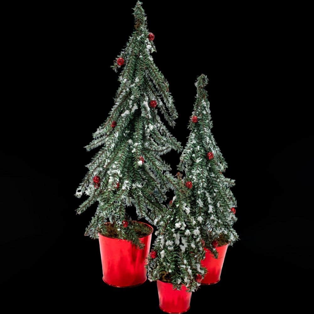 24" Green and Red Flocked Potted Tabletop Christmas Trees