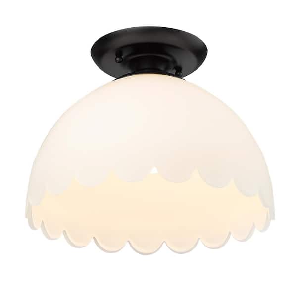 Golden Lighting - Dorinda 12.25 in. 1-Light Matte Black and Opal Semi-Flush Mount