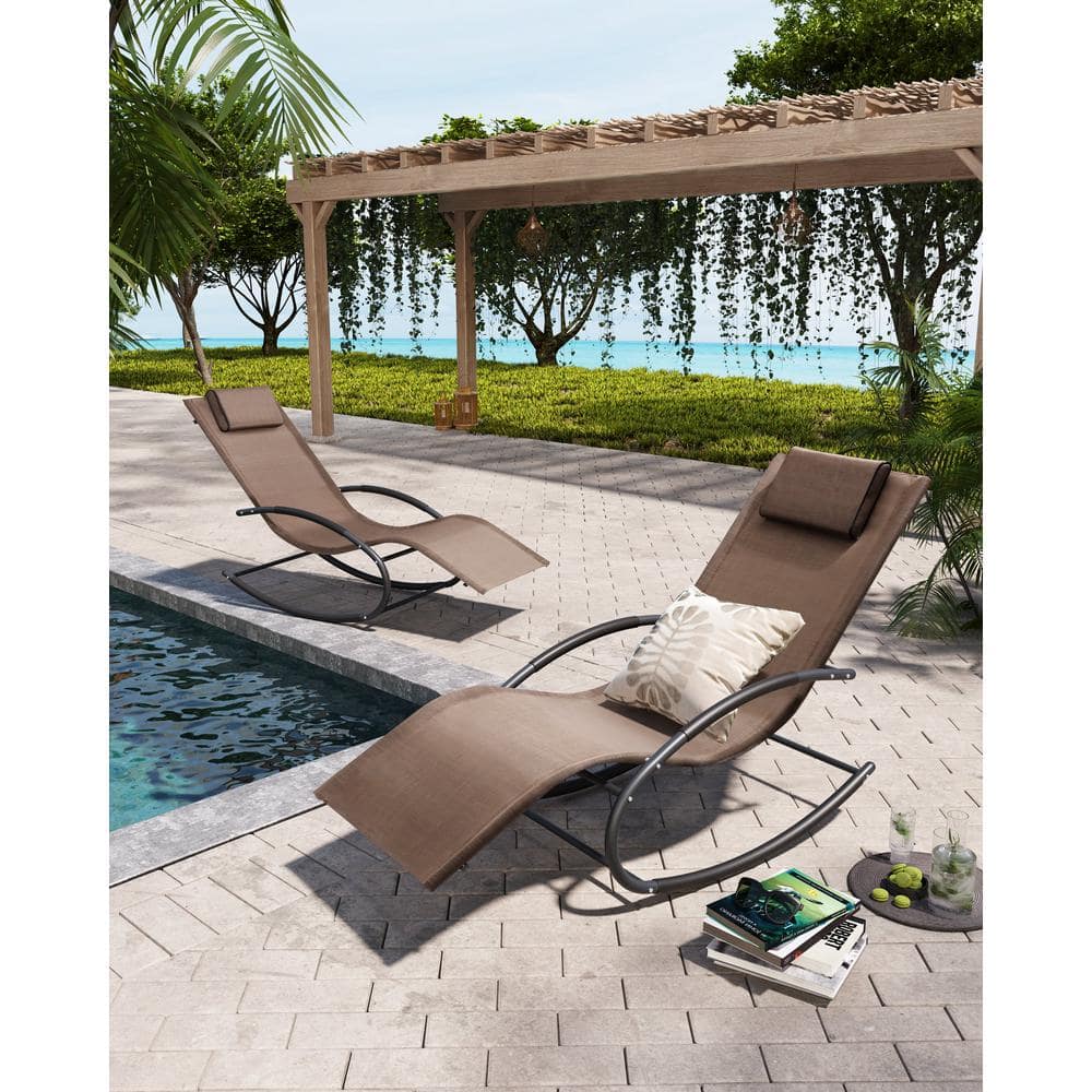 2-Piece Metal Patio Outdoor Rocking Chaise Lounge in Brown with Headrest -  Pellebant, PB-RC001BRN-2PC