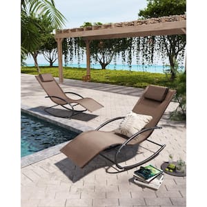 2-Piece Metal Patio Outdoor Rocking Chaise Lounge in Brown with Headrest