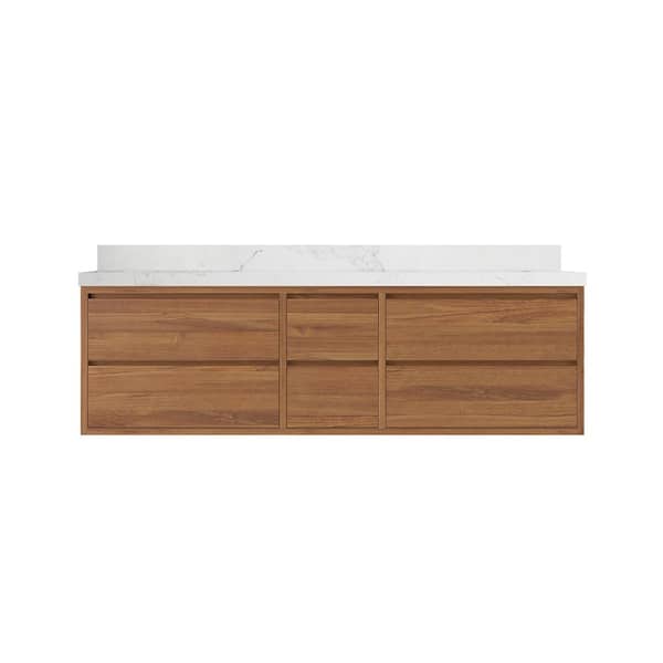 Willow Collections Madison Float 72 in. W x 22 in. D x 36 in. H Double Sink Bath Vanity in Dark Natural with 2" Calacatta Nuvo Top