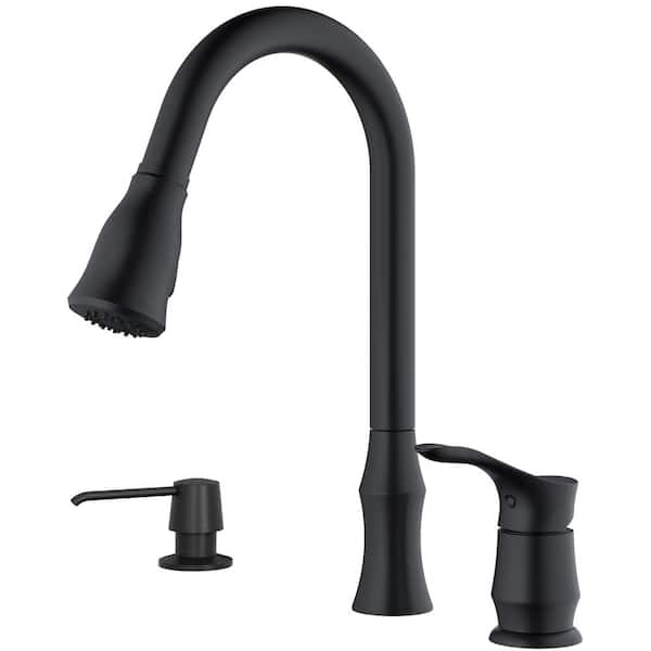 Karran Hillwood Single Handle Pull Down Sprayer Kitchen Faucet with Matching Soap Dispenser in Matte Black