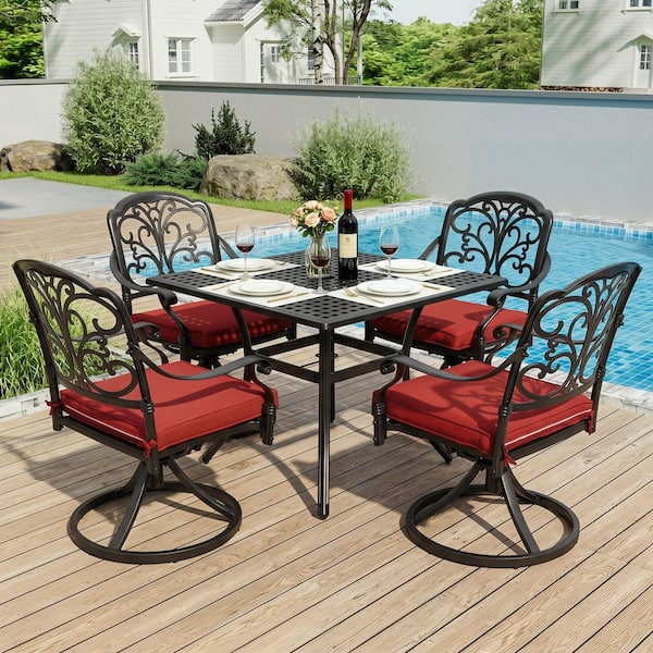 black patio set with a red umbrella MFSTUDIO Outdoor Dining for 4 w/Round Table & Orange Provide shaded dining space at your home or business with this 3 piece 36 square faux teak table Midnight Riviera Collection
