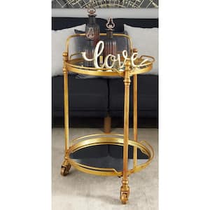 Round Brass Rolling 2 Mirrored Shelves Bar Cart with Wheels and Handle