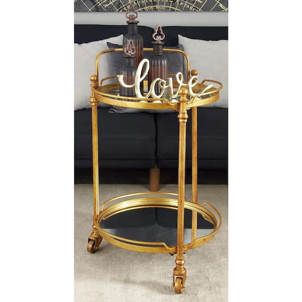Litton Lane 31 in. H Round Brass Rolling 2 Mirrored Shelves Bar Cart with Wheels and Handle