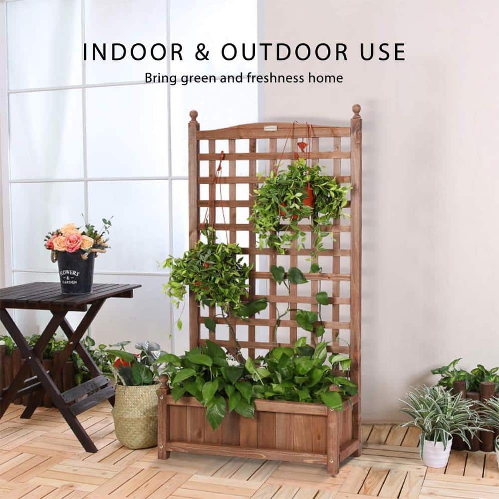 48" Dark Brown Fir Wood Planter with Trellis
