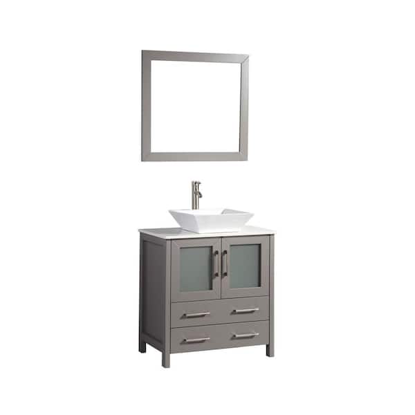 Vanity Art Ravenna 30 in. W Bathroom Vanity in Grey with Single Basin in White Engineered Marble Top and Mirror