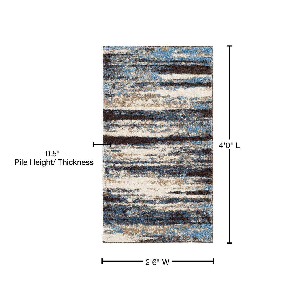 Luxurious Cream & Blue Abstract Synthetic Shag Rug - 2'6" x 4'