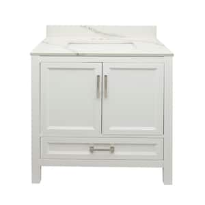 Nevado 37 in. W x 22 in. D x 36 in. H Bath Vanity in White with Quartz Stone Calacatta White Top with White Basin