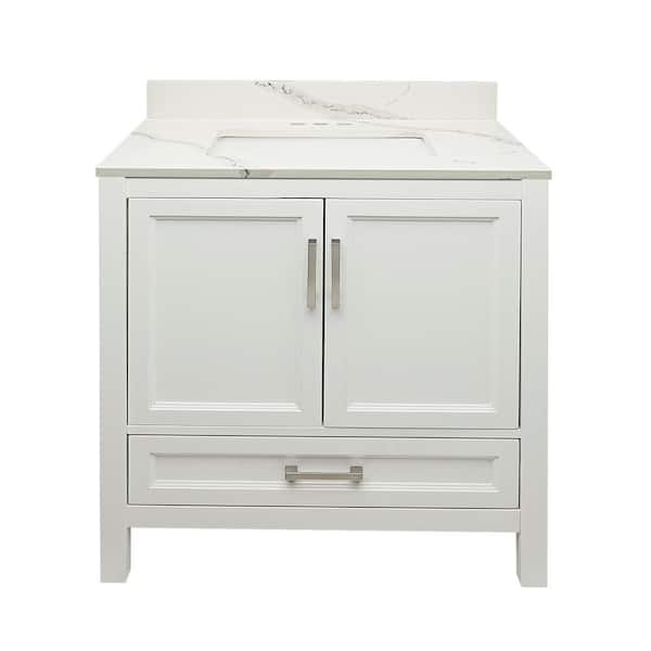 Nevado 37 in. W x 22 in. D x 36 in. H Bath Vanity in White with Quartz Stone Calacatta White Top with White Basin