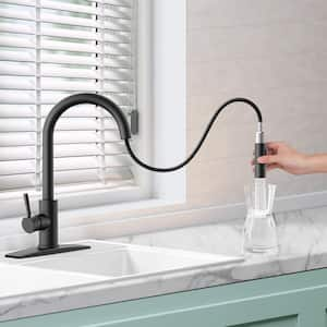 Single Handle Pull Down Sprayer Kitchen Faucet with Soap Dispenser and Deckplate in Matte Black