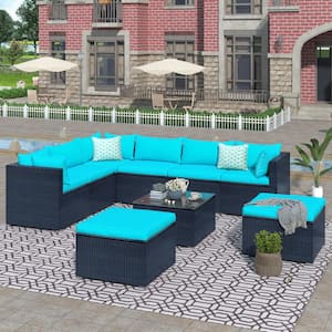 9-Piece Black Frame PE Wicker Rattan Outdoor Patio Conversation Sectional Seating Set with Blue Cushions