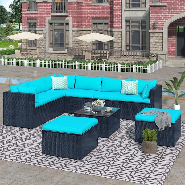 Polibi 9-Piece Black Frame PE Wicker Rattan Outdoor Patio Conversation Sectional Seating Set with Blue Cushions