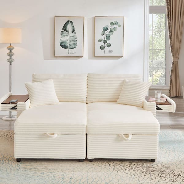 Sylvric Modern 68 in. White Fluffy Corduroy Upholstered 2-Seats Sofa Loveseat with Storage Ottomans and Table Board