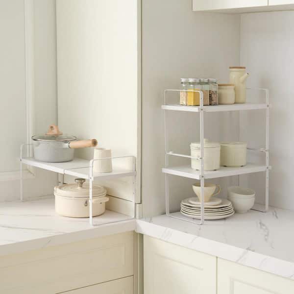 Adjustable Kitchen Cabinet Shelf Organizer, Expandable 2-Tier Cabinet Shelf, Stackable Countertop Organizers, White