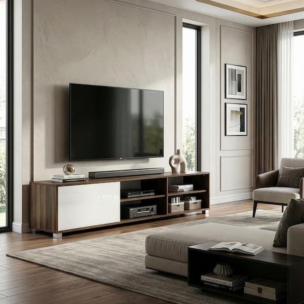 Anne 71 in. Walnut and White Composite TV Stand Fits TVs Up to 99 in. with Storage Doors