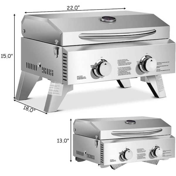 Portable BBQ Propane Grill Outdoor Stainless Steel 2 Burner LPG Gas BBQ  Cooker Tabletop Deck Patio Smokeless BBQ Grill 2800Pa with Steel Shield