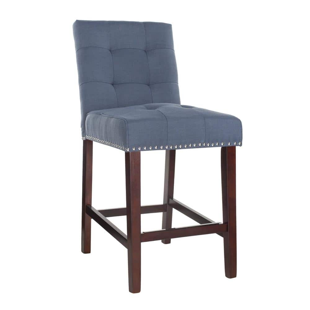 Navy Blue Tufted Linen Transitional Counter Stool, Set of 2