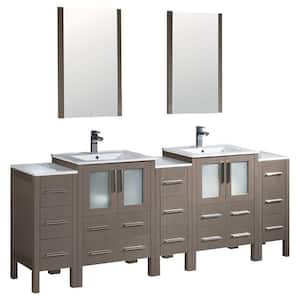 84 in. W x 18 in. D x 34 in. H White Double Sinks Bath Vanity in Gray Oak with Ceramic White Vanity Top and Mirrors