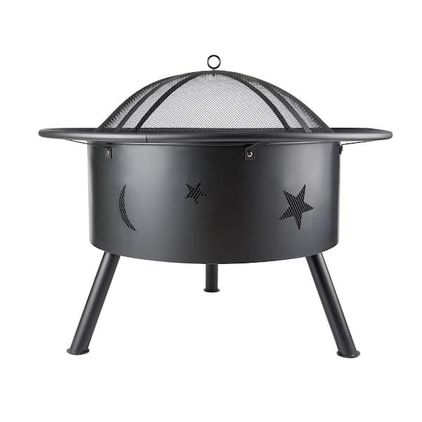 Tidoin 32 in. Outdoor Metal Burning Wood Black Fire Pit with Cover and Poker