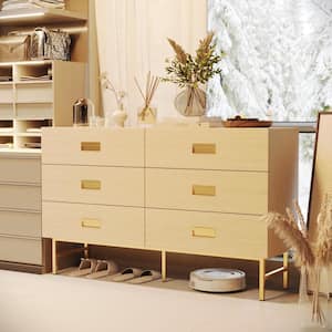 Yellow Wooden Grain 6-Drawers 55 in. W Dresser, Chest of Drawers, Storage Cabinet Without Mirror