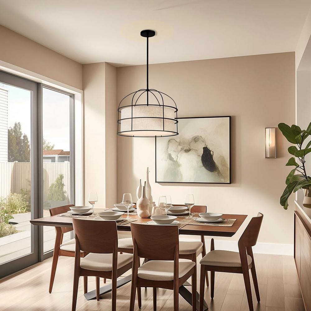 Gateway Park Coal Finish 5-Light Drum Pendant with Oatmeal Linen Shade