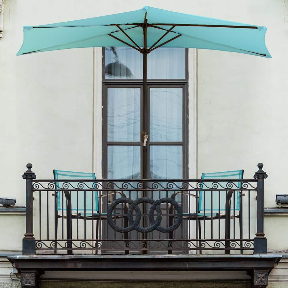 Blue Steel Half Round Patio Umbrella with Easy Crank