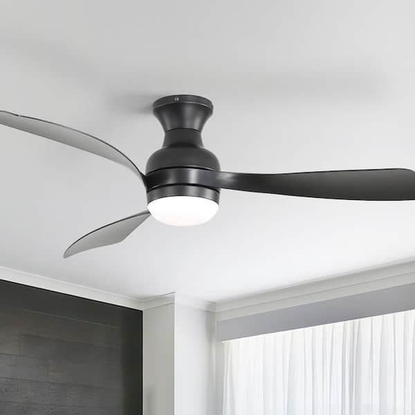 52 In. Indoor/Outdoor Morden Black Flush Mount Ceiling Fan with Dimmable Light, 6-Speed DC Motor Remote Included