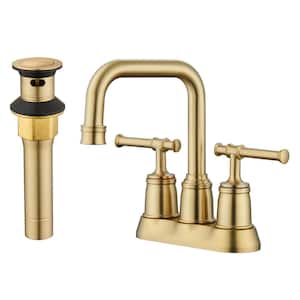 4 in. Centerset Double Handle 2 holes Bathroom Sink Faucet Lavatory Faucet with Stainless steel Drain in Brushed Gold