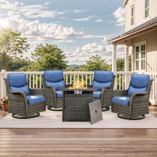LunaCurve 5-Piece Gray Wicker Fire Pit Conversation Set with 5 in. Blue Cushions and Swivel Glider Rocking Chairs