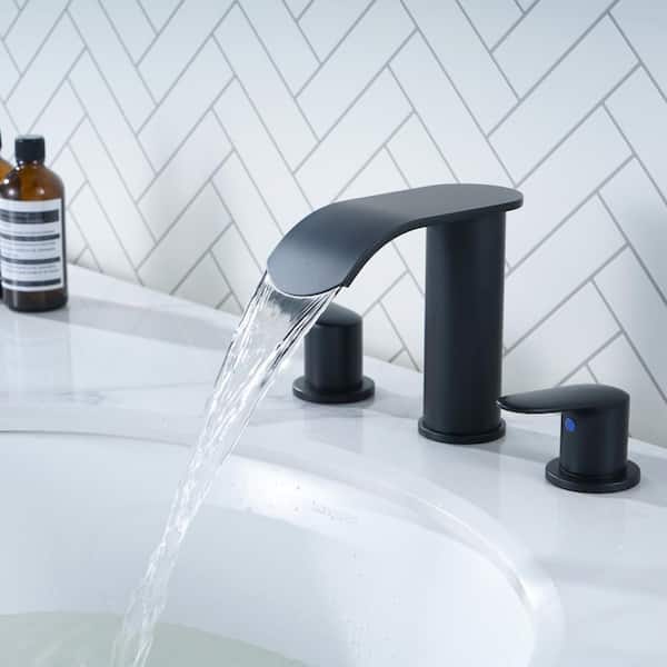 Stainless Steel 8 in. Widespread Double Handle Waterfall Bathroom Faucet with Drain and Supply Lines in Matte Black