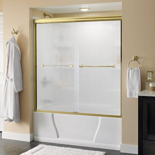 Delta Crestfield 60 in. x 58-1/8 in. Semi-Frameless Traditional Sliding Bathtub Door in Brass with Rain Glass