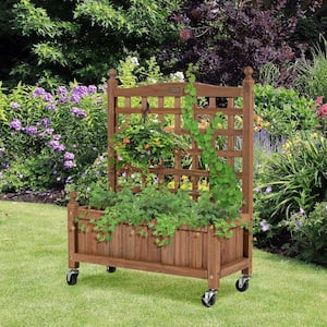 32 in. Natural Wood Planter Box with Trellis and Wheels Mobile Plant Raised Bed for Indoor and Outdoor (2-Pack)